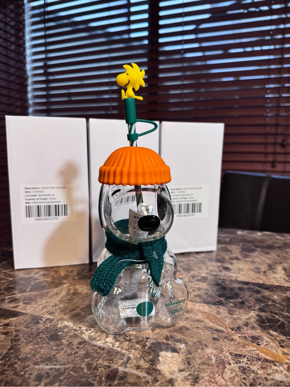 Starbucks+Peanuts Glass Snoopy limited edition cup — Orange Hat & Green Scarf